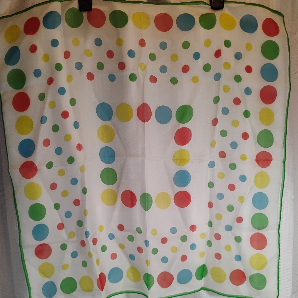Vintage Ladies Polka Dot Sheer Scarf White With Primary Colored Design 1970s